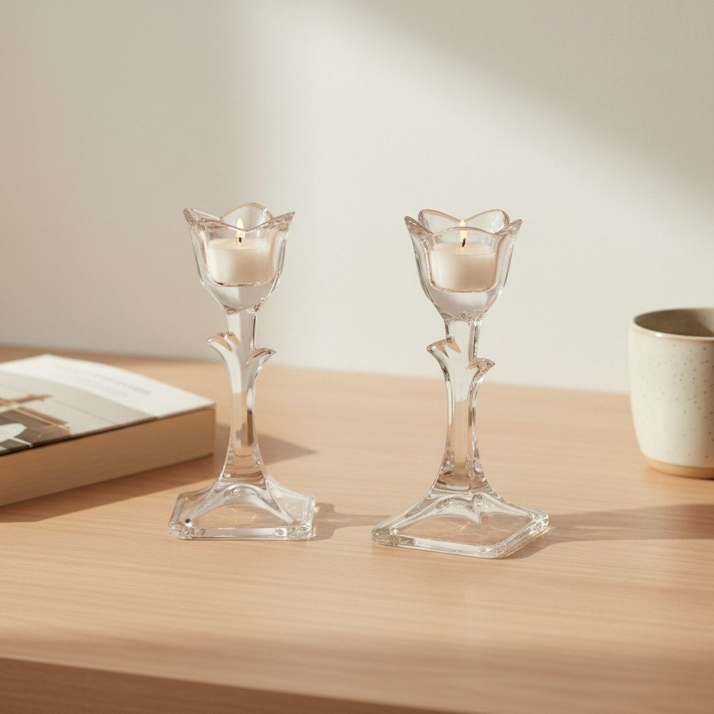 St. George Candle Holders Vintage Clear Glass Tulip Flower Votive Set of 2 7in